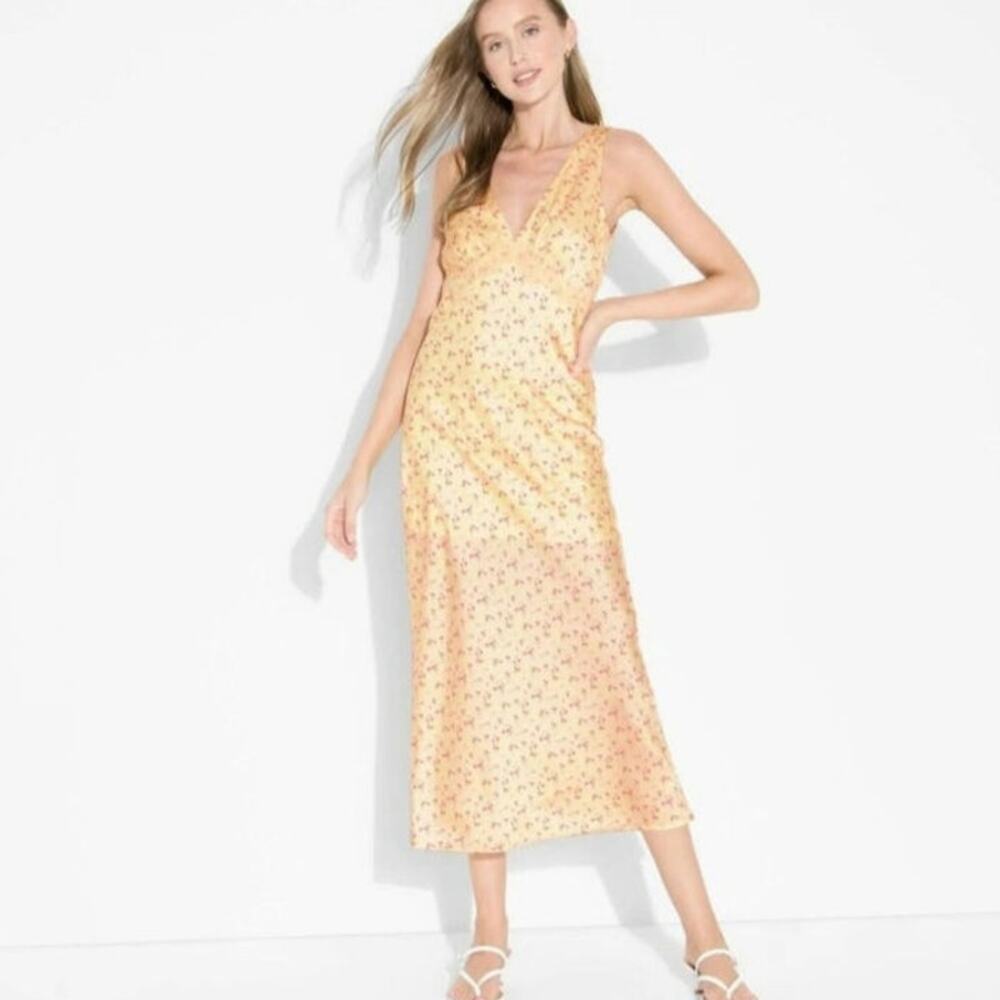 Wild Fable Women's Matte Satin Lace Trim Maxi a-Line Dress - Yellow Floral